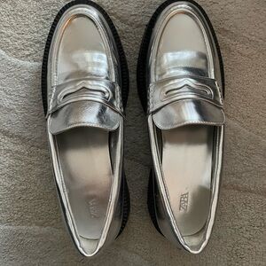 Zara Silver Metallic Flats Sleek Penny Loafers - never worn!